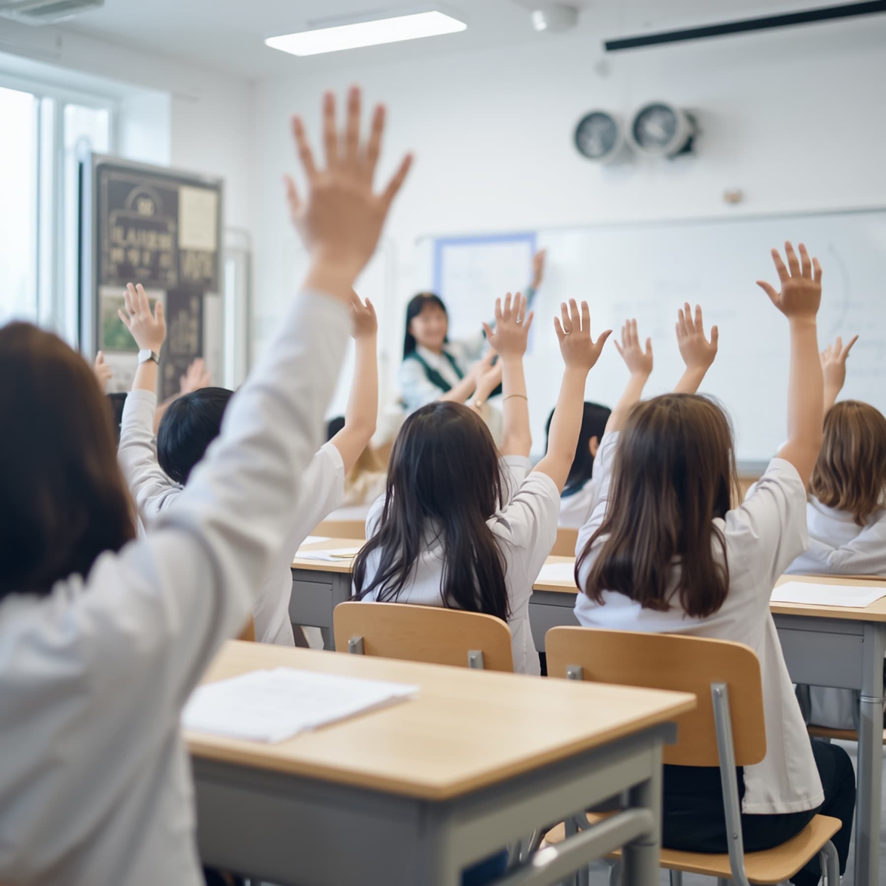 明るい教室で挙手する生徒たち